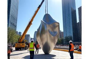 크레인을 이용해 대형 금속 조각을 설치하는 모습