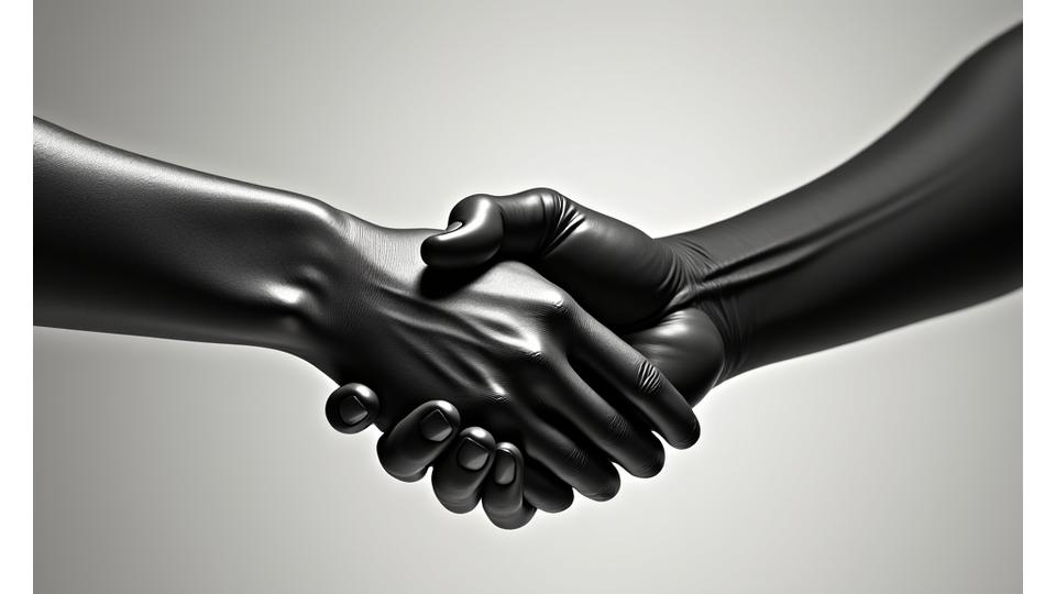금속으로 된 두 손이 악수하는 모습, 견고한 계약과 합의를 상징