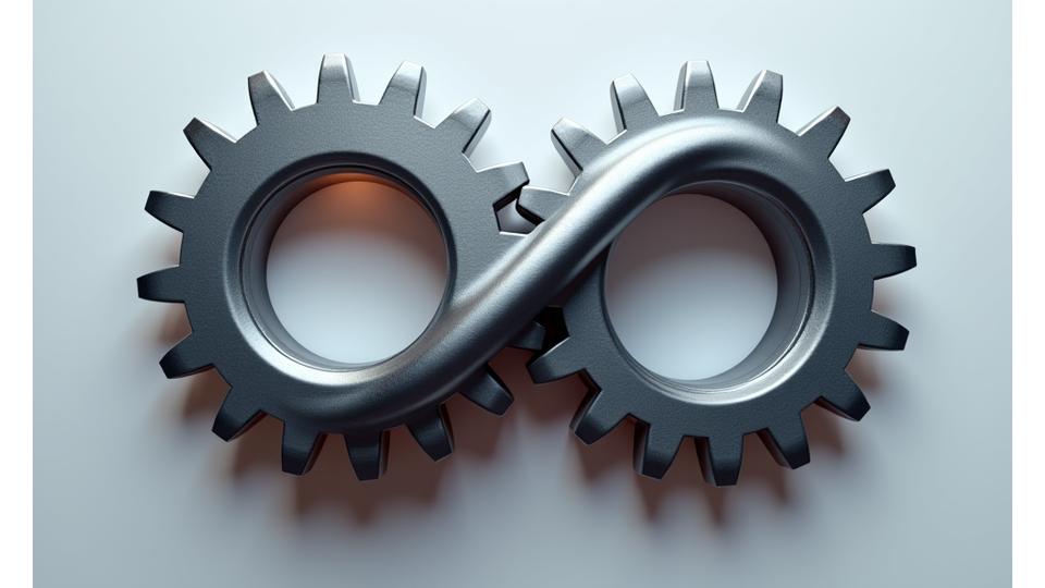 두 개의 금속 기어가 완벽하게 맞물려 돌아가는 모습, 협력과 의무를 상징